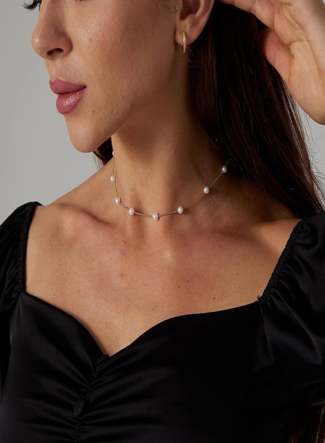 Kyerlyn Gold Choker,Dainty Pearl Pendant Necklace for Women 14k Gold Plated Barque Chain Necklace Handmade Cultured with Freshwater Pearl Everyday Jewelry for Gifts - Image 5